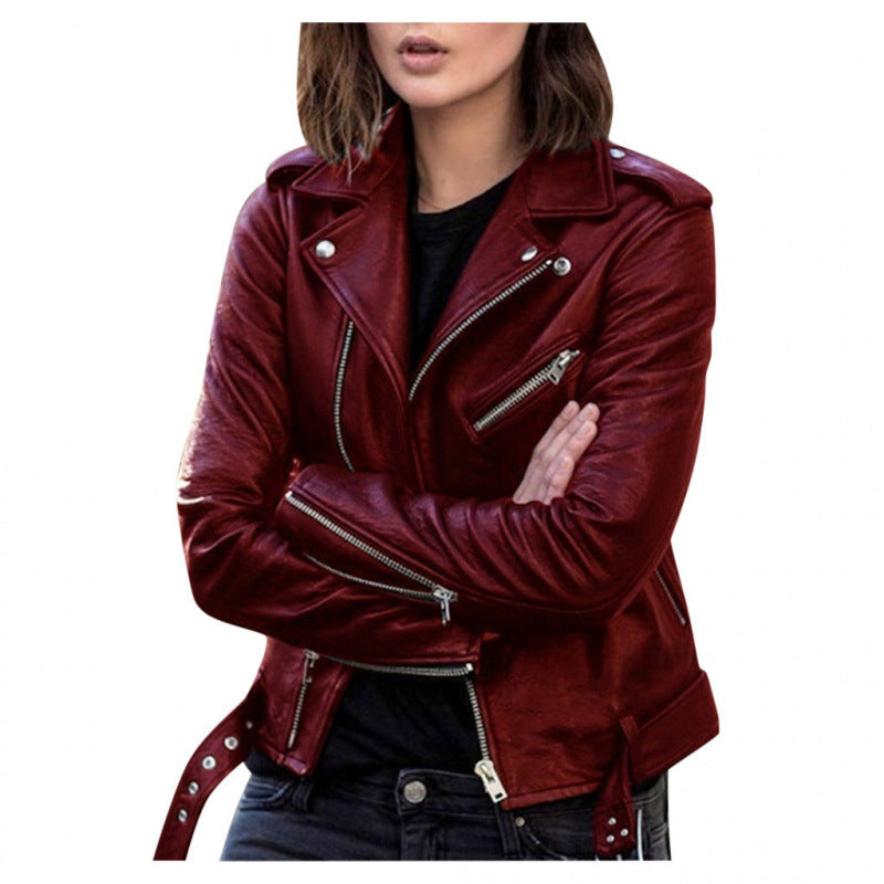 BLOUSON COURT CUIR PU FEMME – VESTE CASUAL SLIM FIT STREET HIPSTER RIVETS