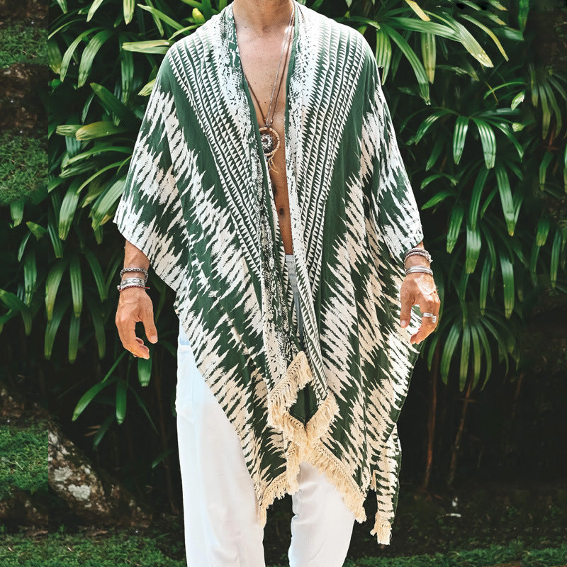 Cape de plage imprimée homme loose tendance – vert foncé réversible
