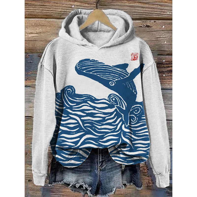 Women's printed hoodie pullover sweatshirt, long sleeves, trendy.