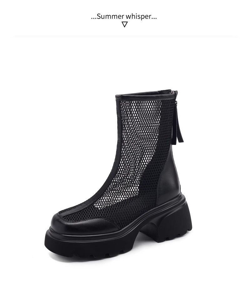 Bottes plateforme maille respirante femme – daim beige talon épais été
