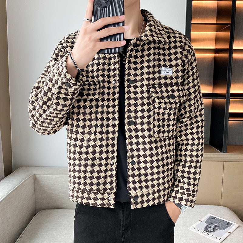 Veste coréenne casual carreaux slim fit – noir/kaki sans repassage