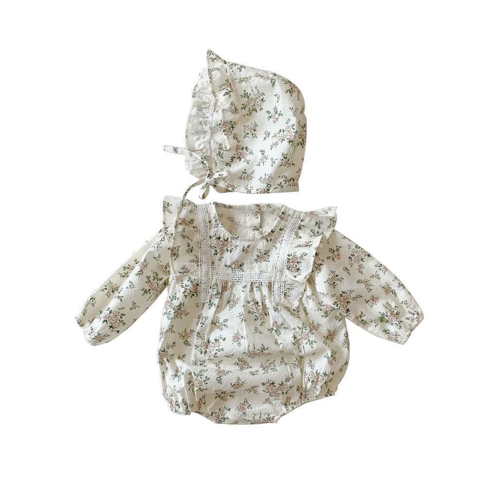 Grenouillère bébé fille à manches longues fleurie blanche – coton, avec bonnet