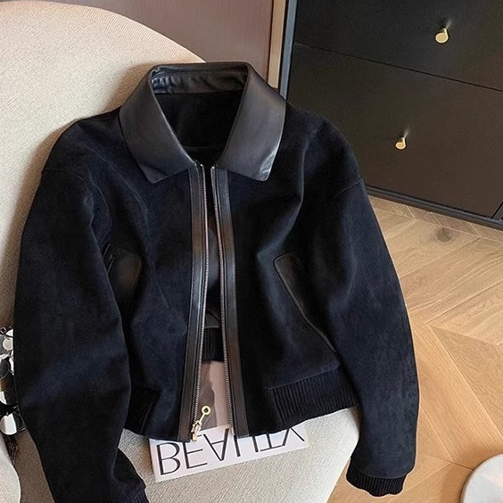 Blazer patchwork simili suède noir, coupe courte tendance femme.