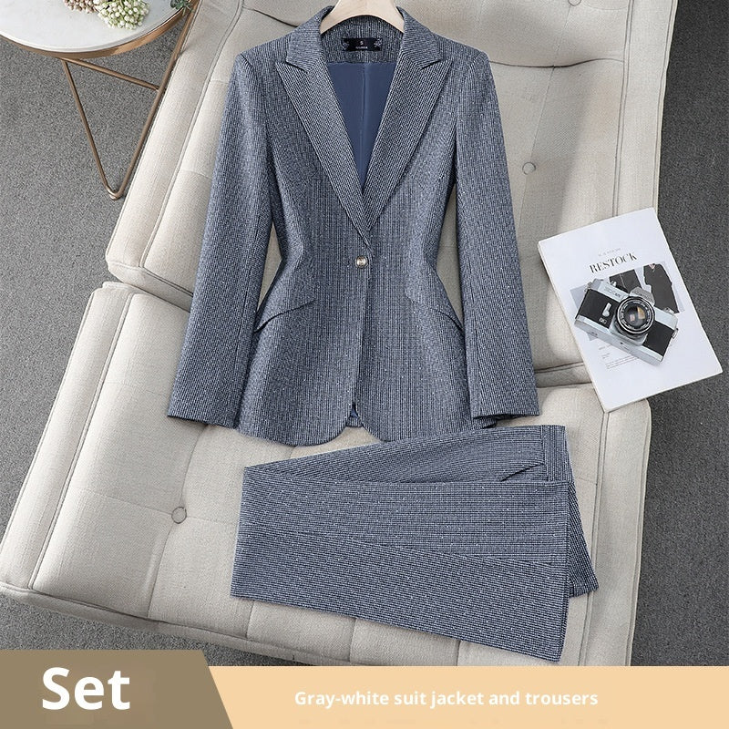 Costume blazer strass femme gris/rouge/café – pantalon court chic affaires