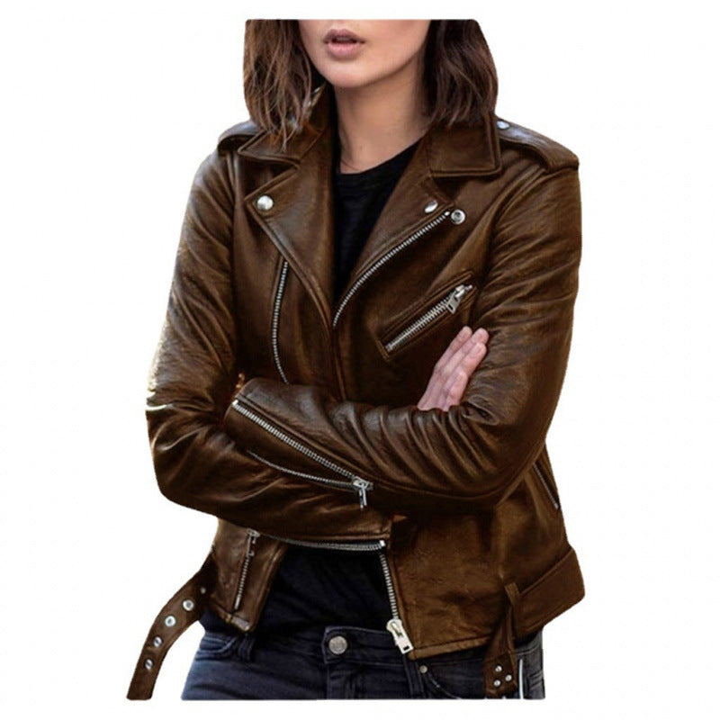 BLOUSON COURT CUIR PU FEMME – VESTE CASUAL SLIM FIT STREET HIPSTER RIVETS