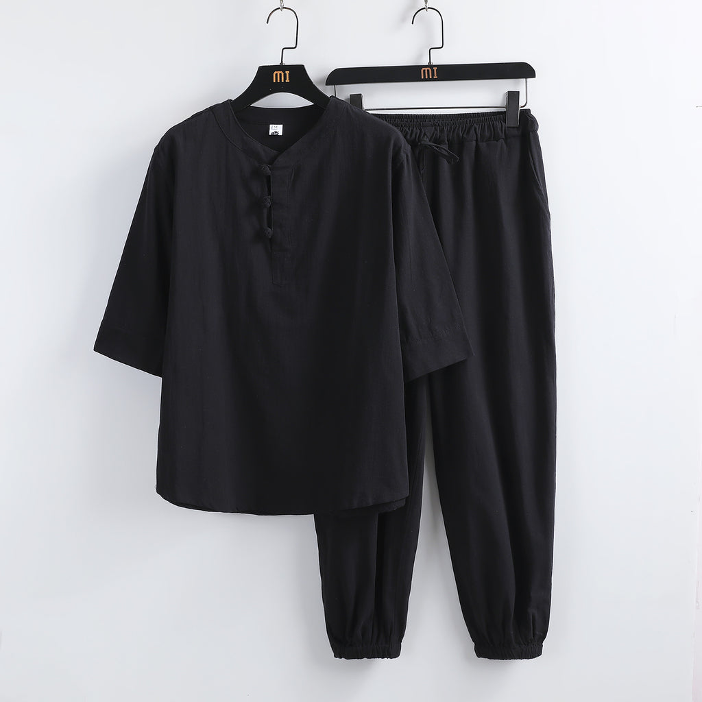 Costume hanfu lin manches courtes boucles bouddhistes – style chinois été homme