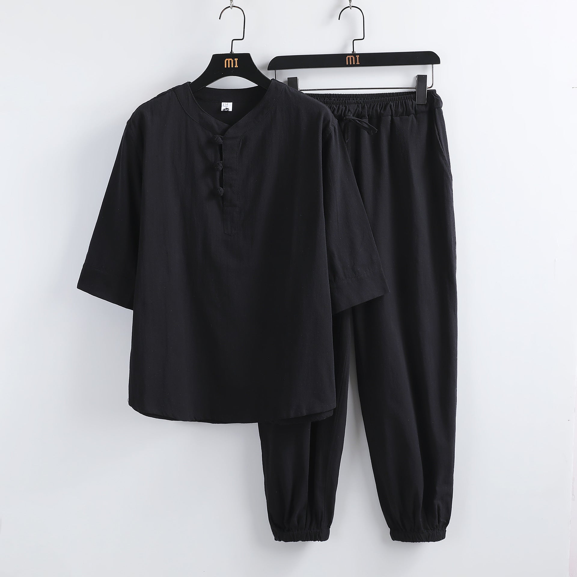 Costume hanfu lin manches courtes boucles bouddhistes – style chinois été homme