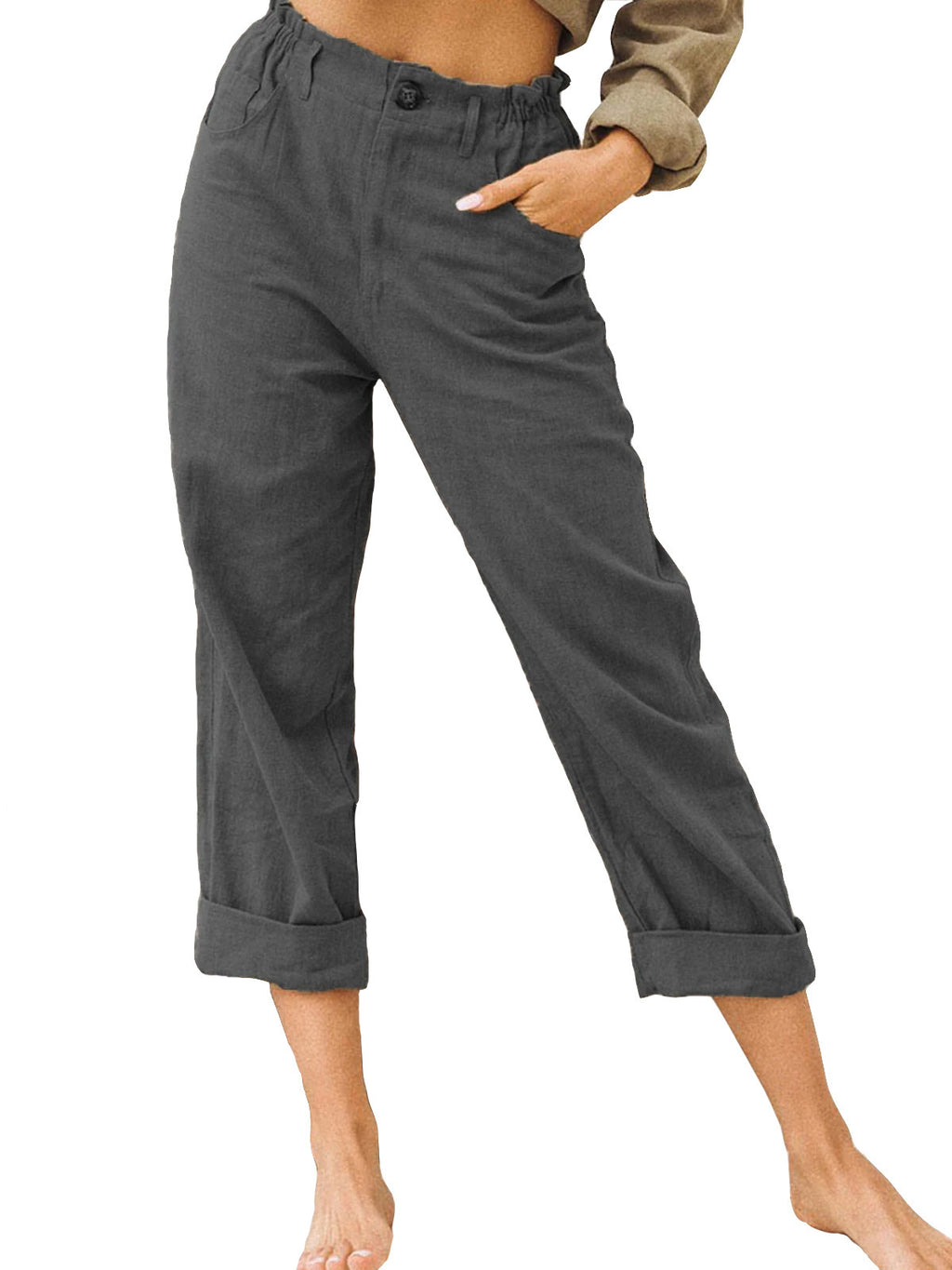 Pantalon femme en coton lin à taille haute – ample, confortable et décontracté