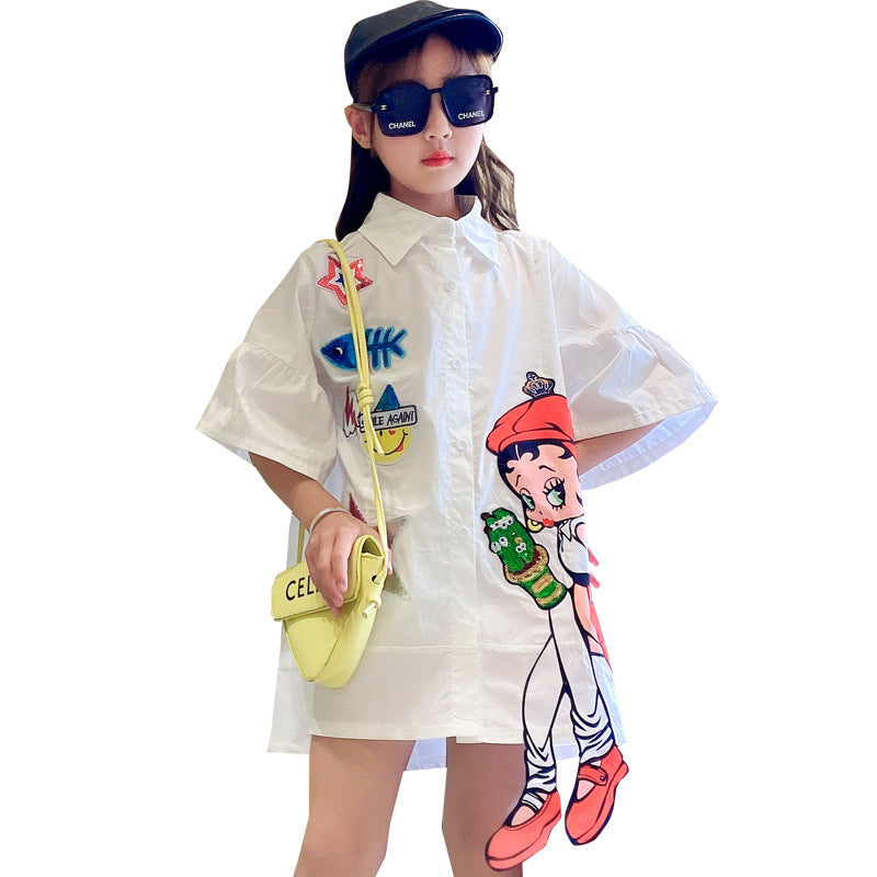 Chemise col pointu paillettes cartoon fille blanche – style coréen