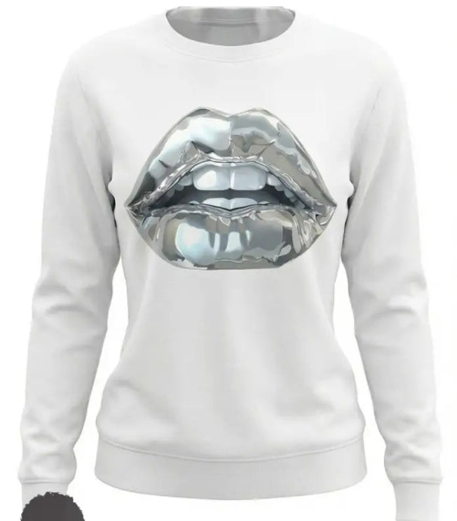 Sweat à manches longues femme motif lèvres silver cartoon.style fun et tendance.