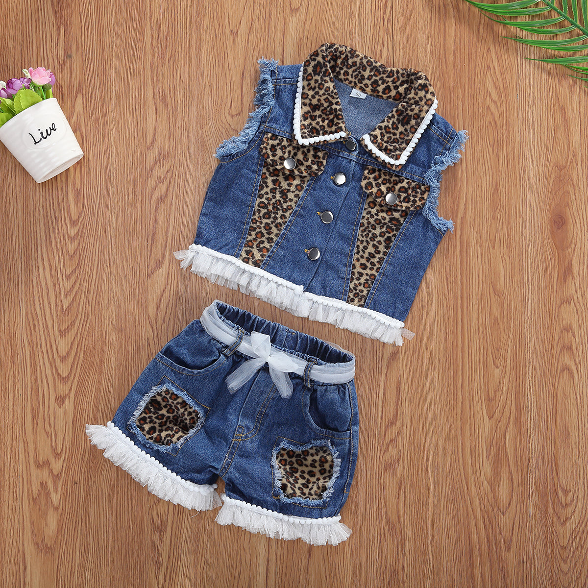 Ensemble fille 2 pièces denim léopard sans manches