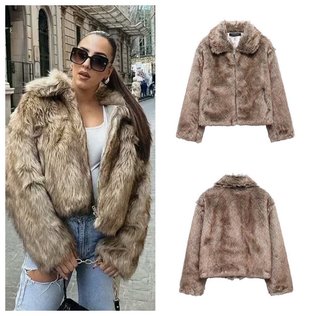 VESTE FAUSSE FOURRURE MEIFENG FEMME – VINTAGE PREPPY RÉTRO ZIP COL FOURRURE