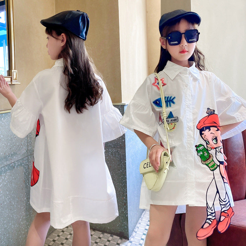 Chemise col pointu paillettes cartoon fille blanche – style coréen