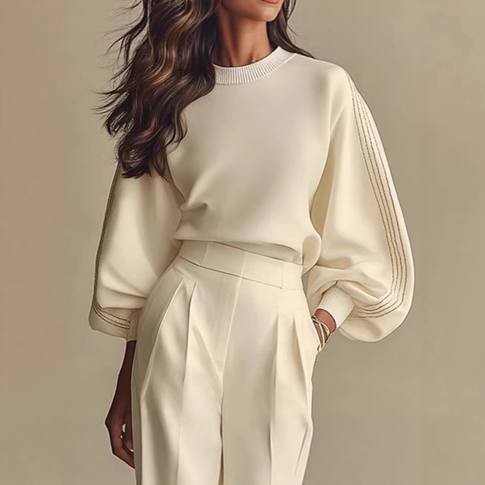 SET SWEAT COL ROND MANCHES LONGUES + PANTALON BLANC – CONFORT CASUAL ULTIME