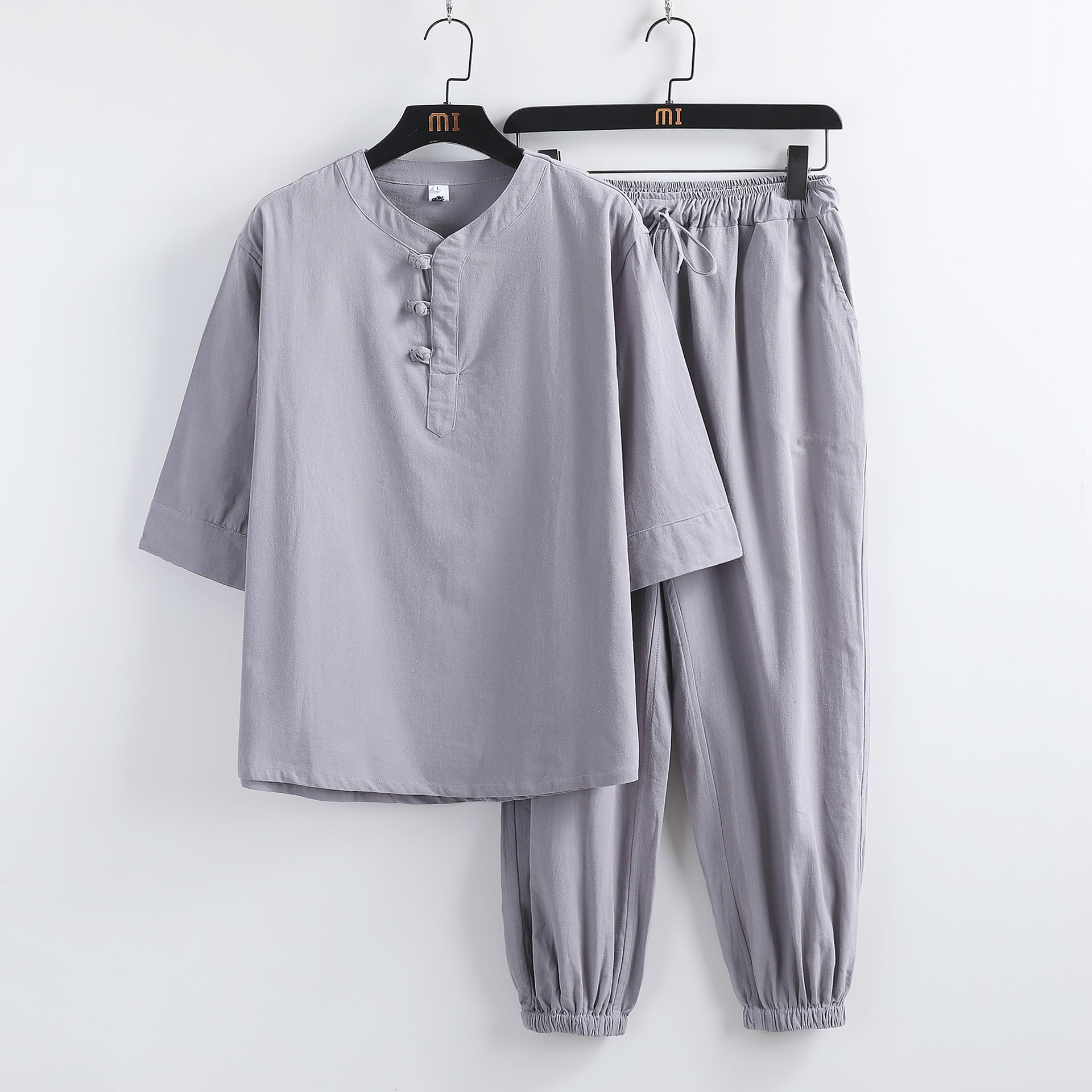 Costume hanfu lin manches courtes boucles bouddhistes – style chinois été homme