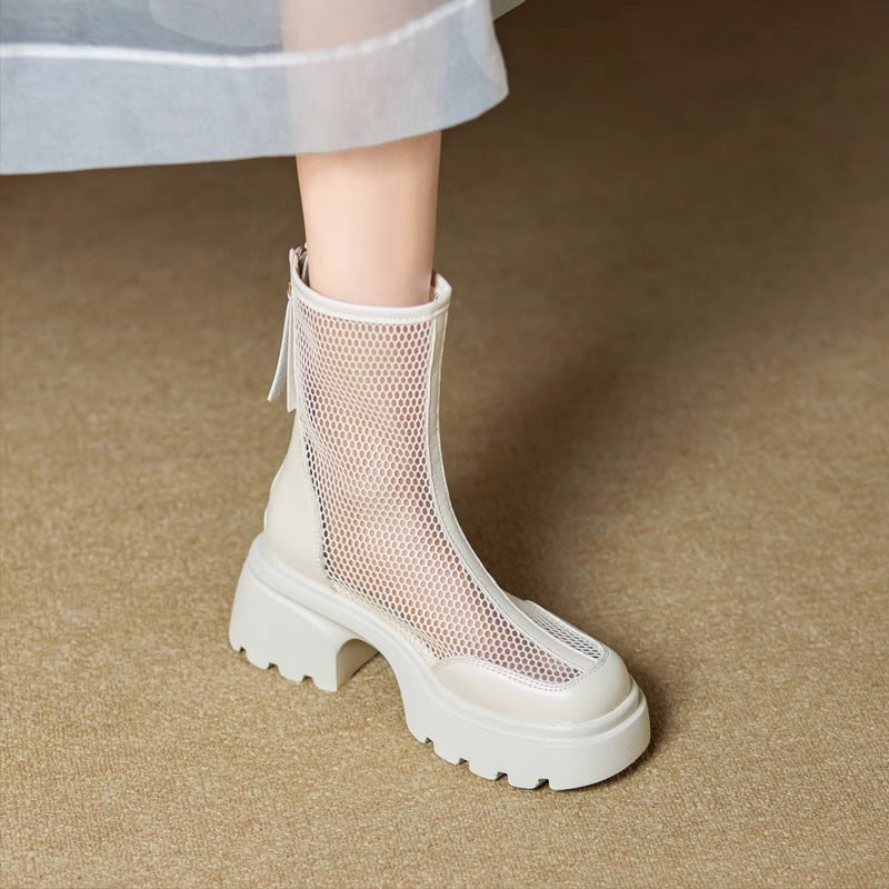 Bottes plateforme maille respirante femme – daim beige talon épais été