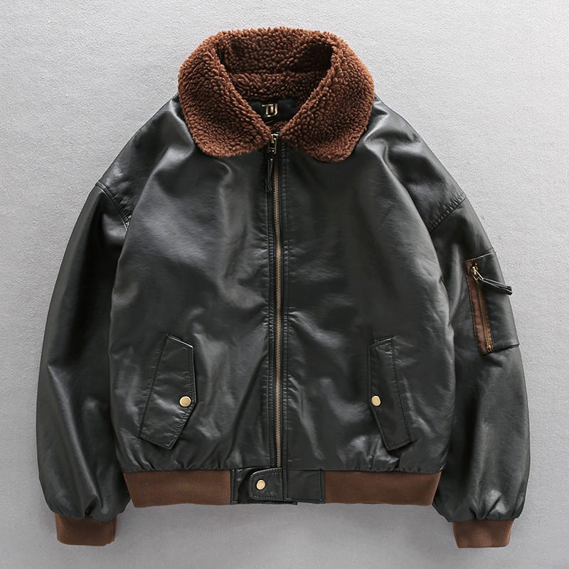 Thick leather Air Force pilot bomber jacket, comfortable fleece lining.