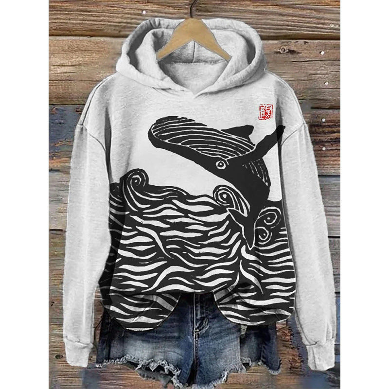 Women's printed hoodie pullover sweatshirt, long sleeves, trendy.