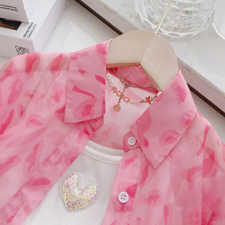 Ensemble anti-UV fille pois rose 2 pièces – chemise + short