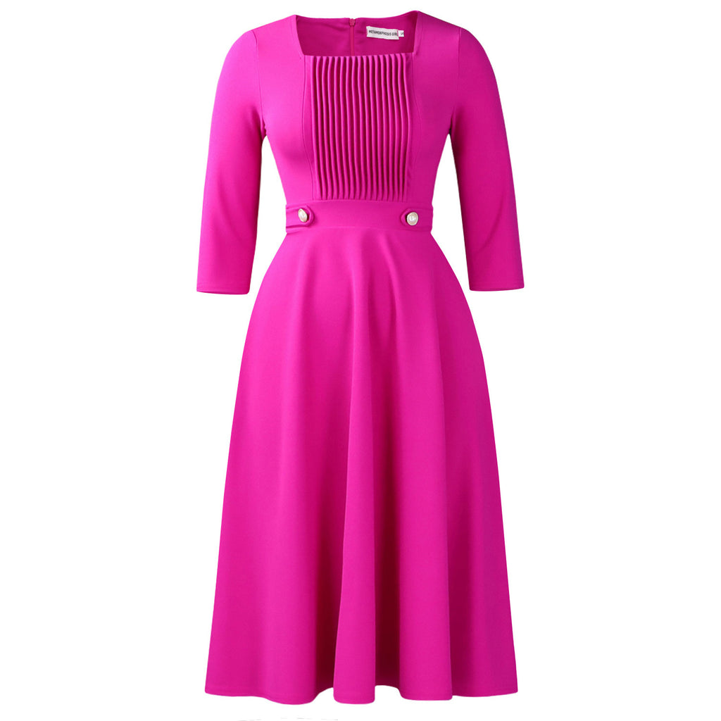 Robe plissée col carré unie chic, grande taille