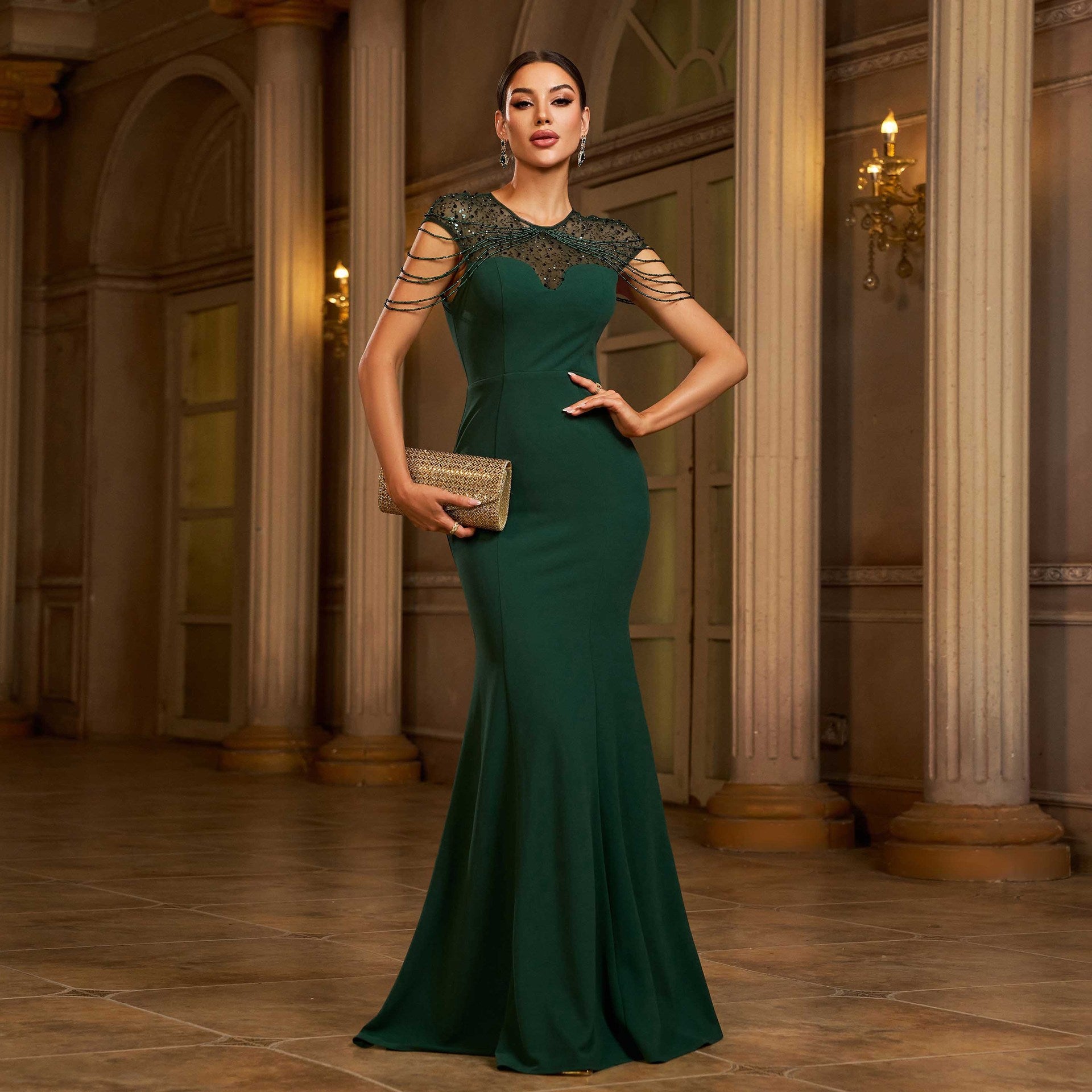 Sleeveless Sequin Mermaid Dress Round Neck – Slim Banquet Elegance