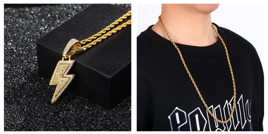 Pendentif éclair Hip Hop zircons VVS – collier iced out lightning bijou streetwear