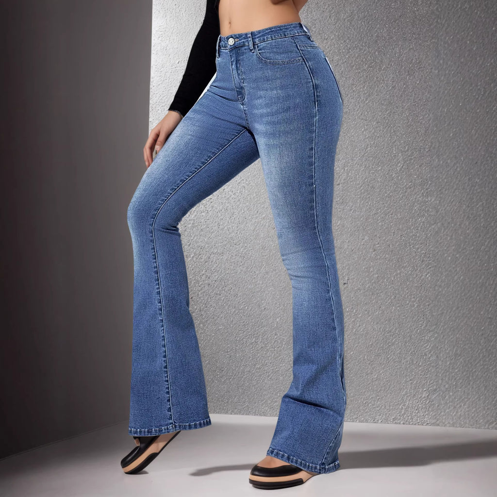 Jeans femme stretch flared high waist – Denim élastique lavage glacé XS-L polyvalent