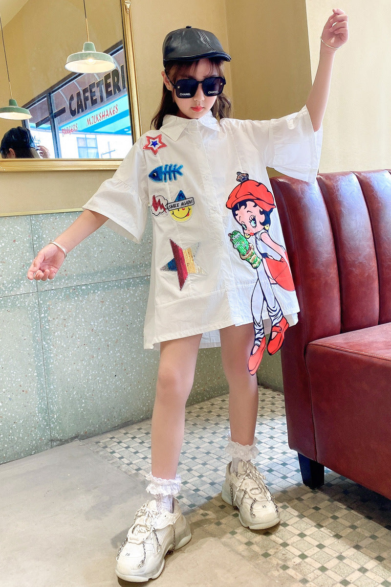 Chemise col pointu paillettes cartoon fille blanche – style coréen