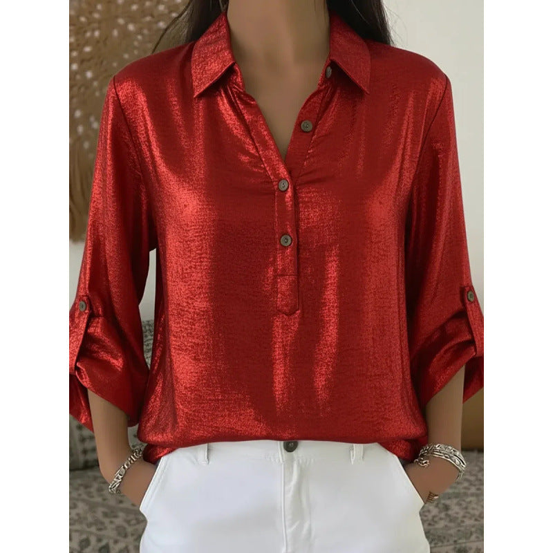 Solid Button-Down Collar Blouse Long Sleeves
