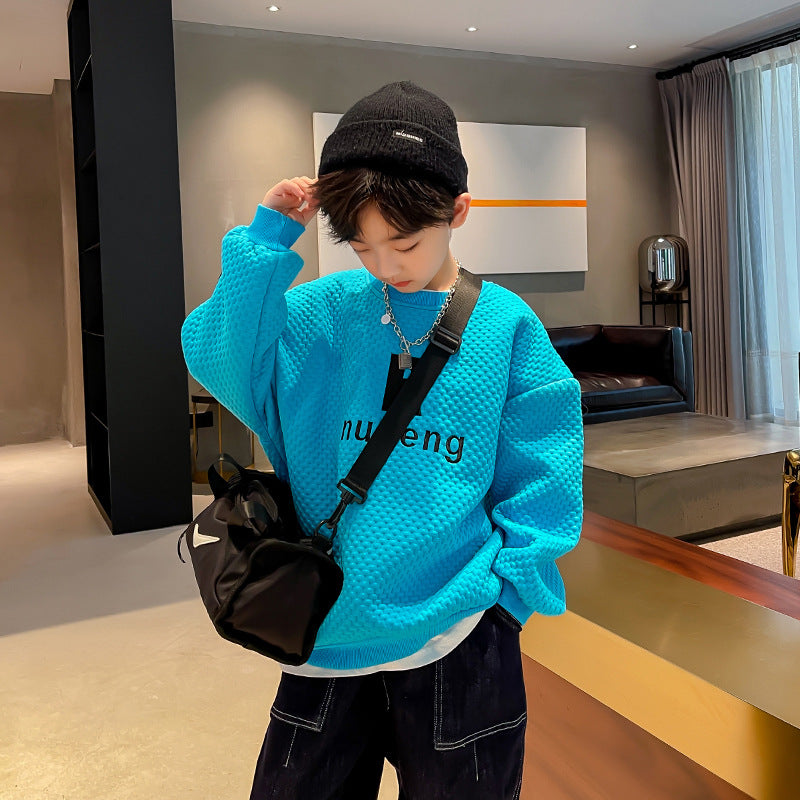 Sweat-shirt waffle streetwear coréen garçon – noir/bleu