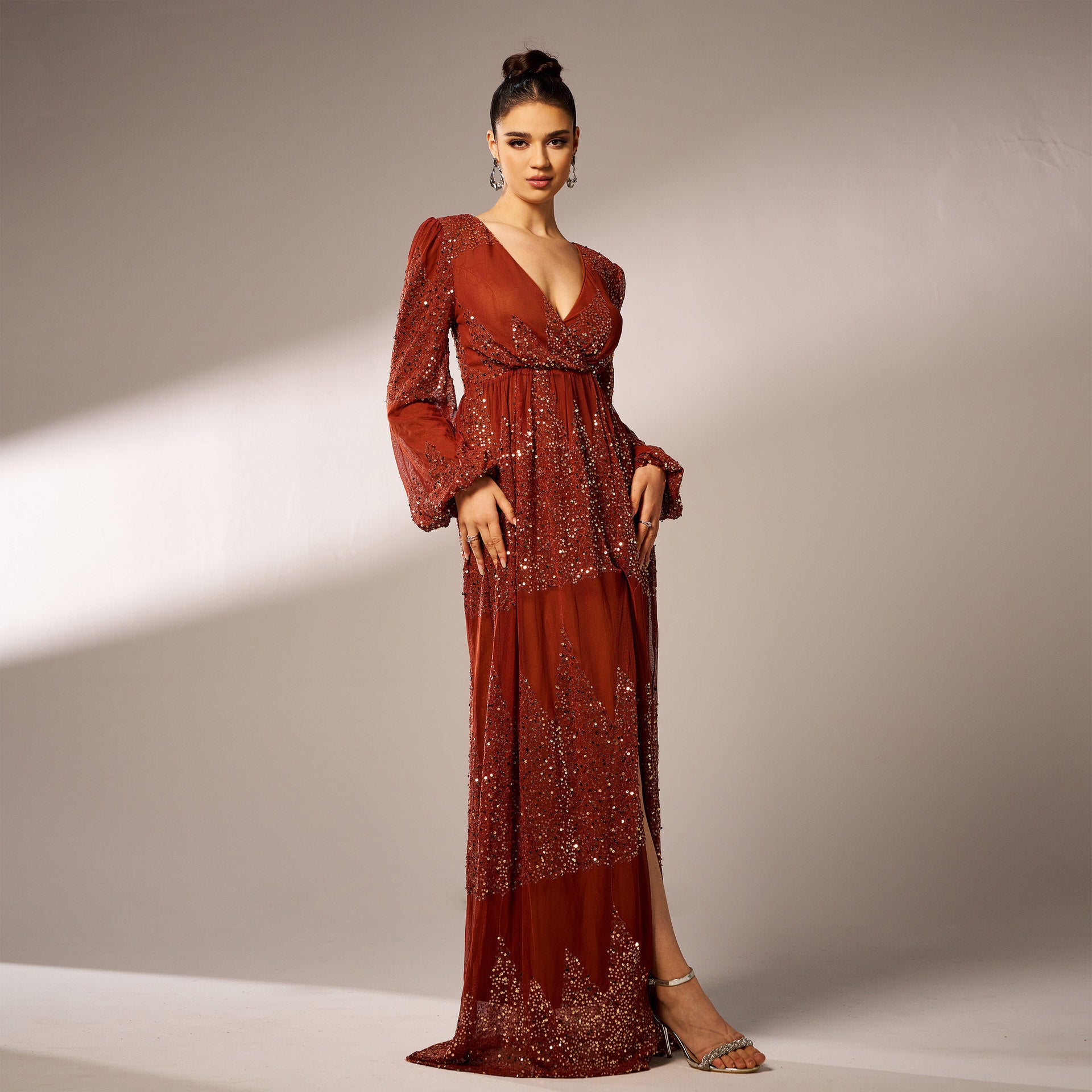 Long Sequin Dress V-Neck Long Sleeves – Sexy Elegant Evening