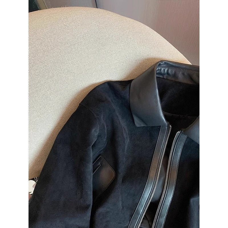 Blazer patchwork simili suède noir, coupe courte tendance femme.