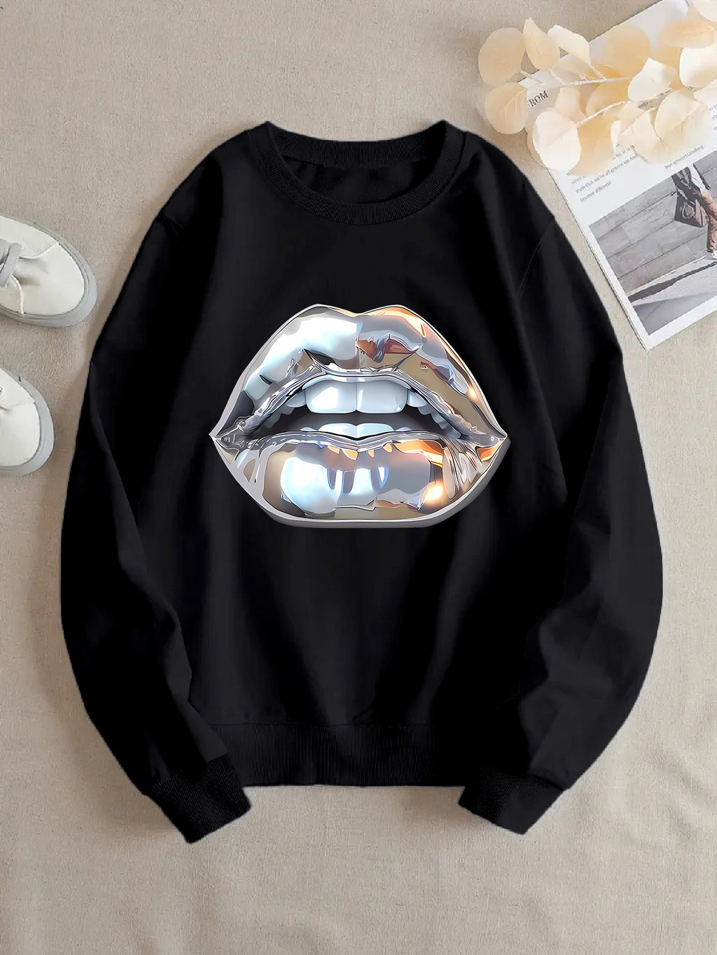 Sweat à manches longues femme motif lèvres silver cartoon.style fun et tendance.
