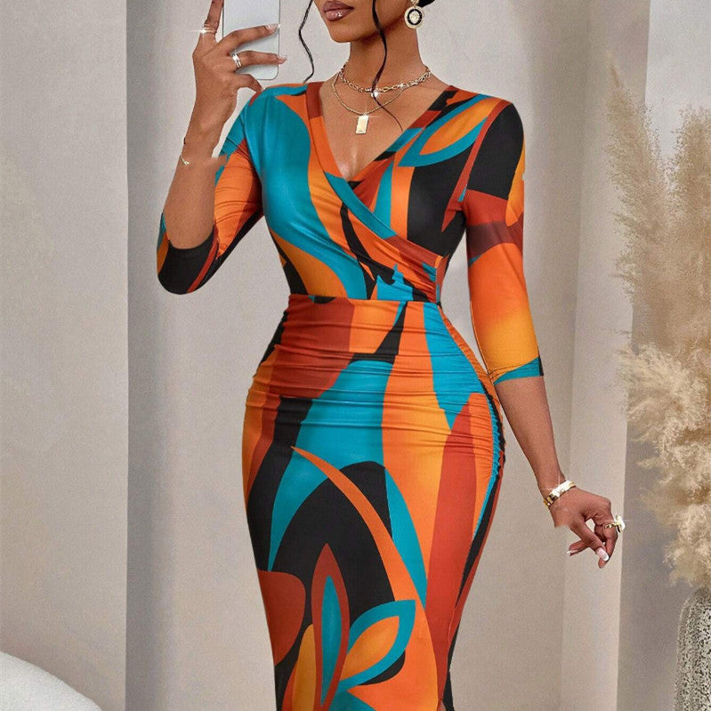 Robe maxi col V manches longues femme – tendance fashionable