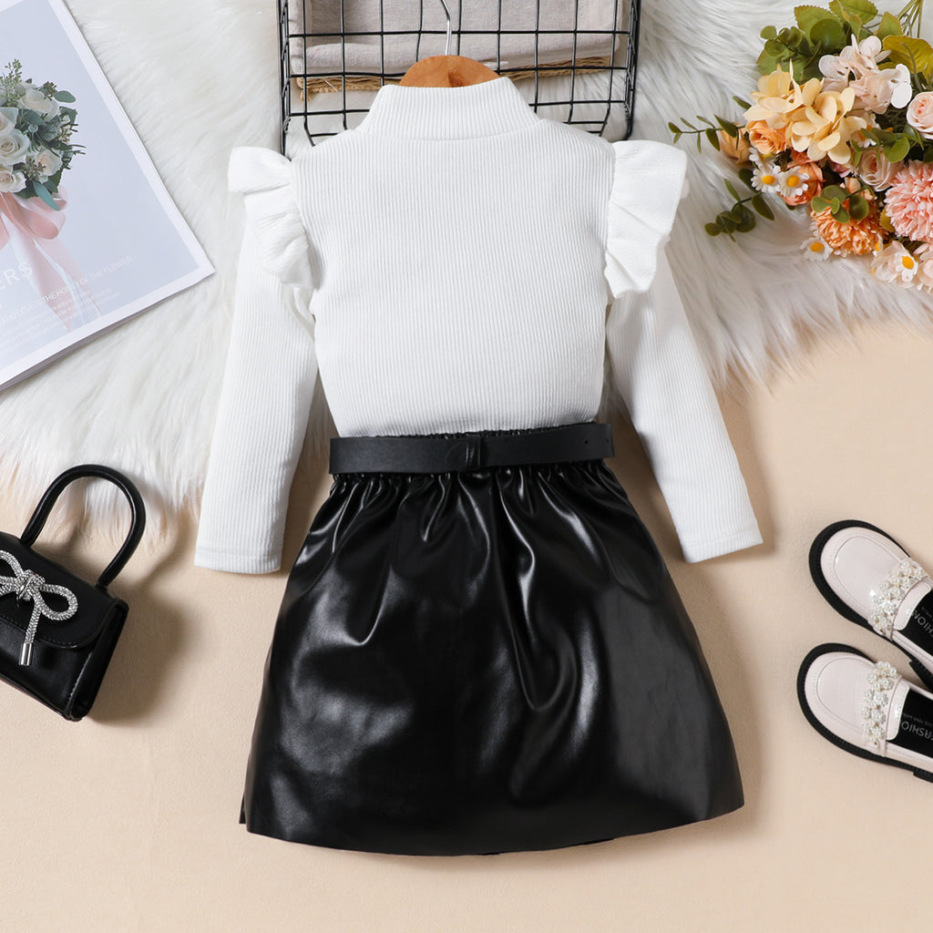 Ensemble 3 pièces fille col haut manches longues + jupe plissée similicuir + ceinture