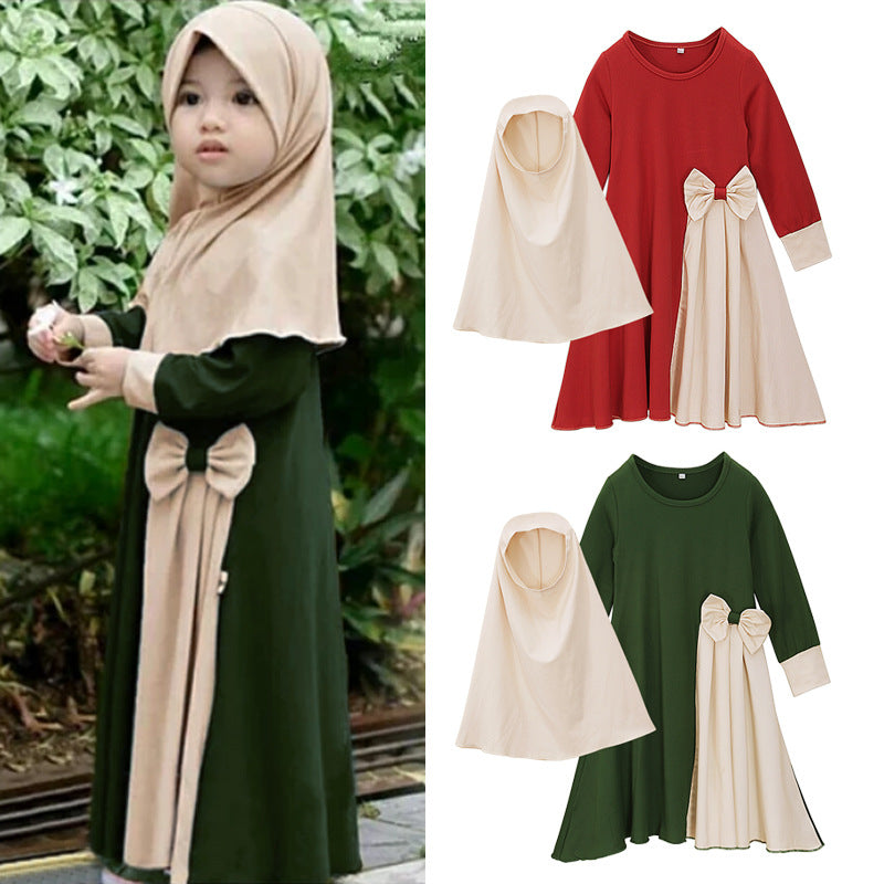 Robe abaya fille manches longues avec bandeau – coton uni vert ou rouge