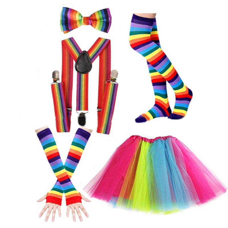 Ensemble jupe tutu arc-en-ciel néon avec gants, bretelles et nœud papillon