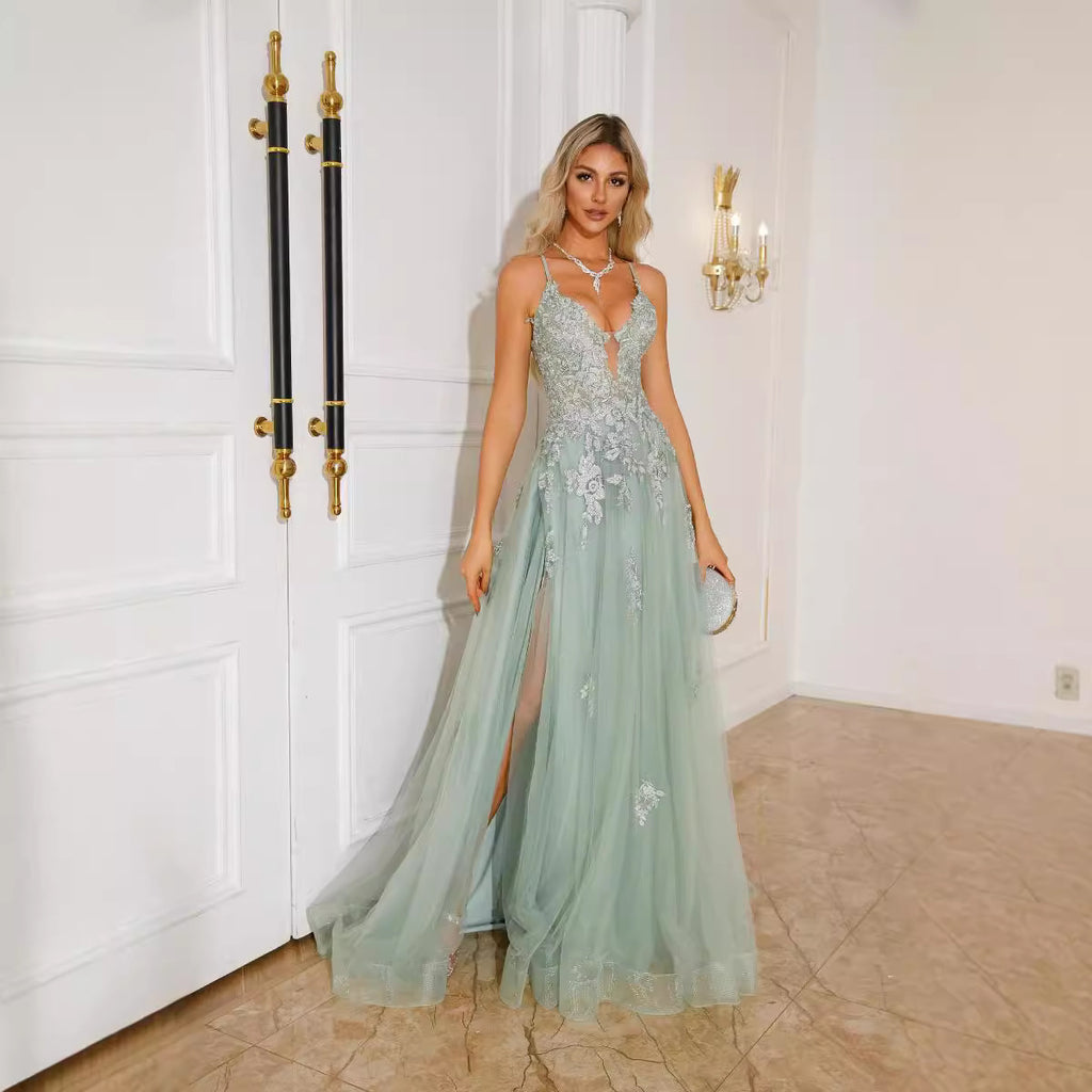 Robe de soirée longue à bretelles – style élégant, laçage et manches princesse