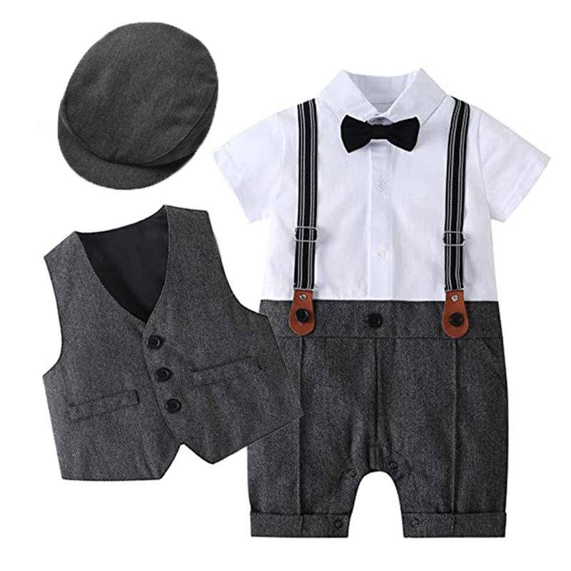 Ensemble combinaison-gilet bébé manches courtes avec chapeau – coton blanc, kaki, gris ou bleu