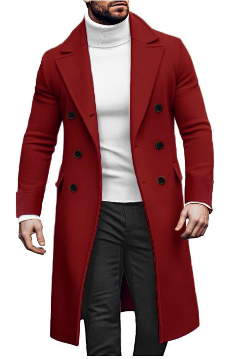Manteau long laine double boutonnage homme – vert/rouge/kaki/bleu