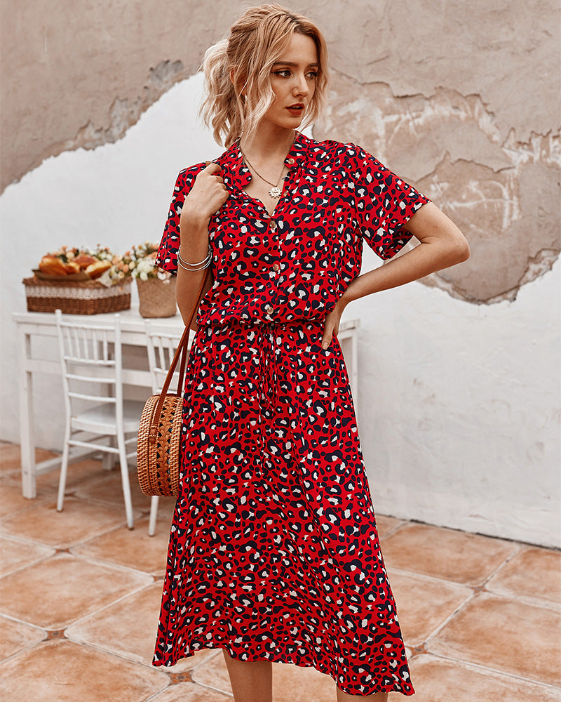 Robe femme imprimé vague – taille haute, manches courtes, légère et tendance