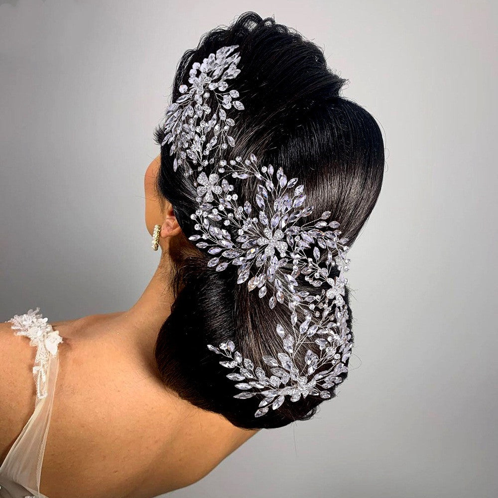SERRE-TÊTE MARIAGE LONG FLEURS STRASS – DESIGN 100% NOUVEAU ARGENT 47.5x10.5CM