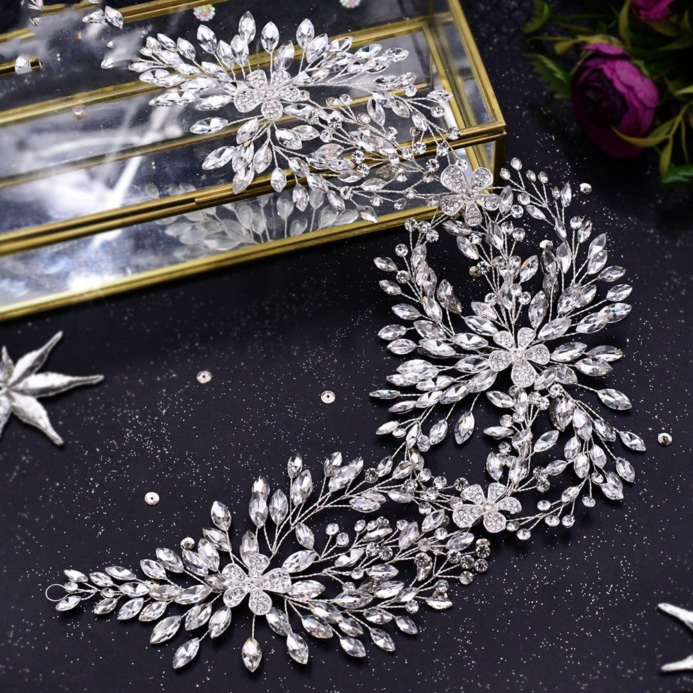 SERRE-TÊTE MARIAGE LONG FLEURS STRASS – DESIGN 100% NOUVEAU ARGENT 47.5x10.5CM