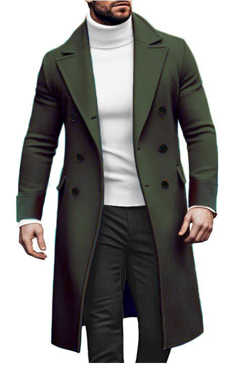 Manteau long laine double boutonnage homme – vert/rouge/kaki/bleu