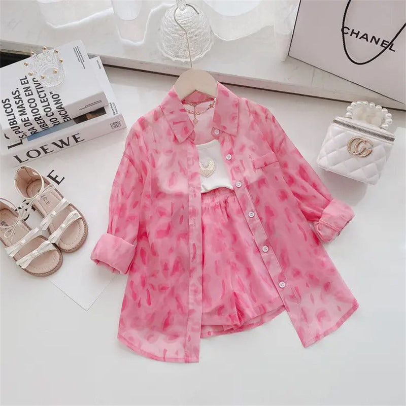 Ensemble anti-UV fille pois rose 2 pièces – chemise + short