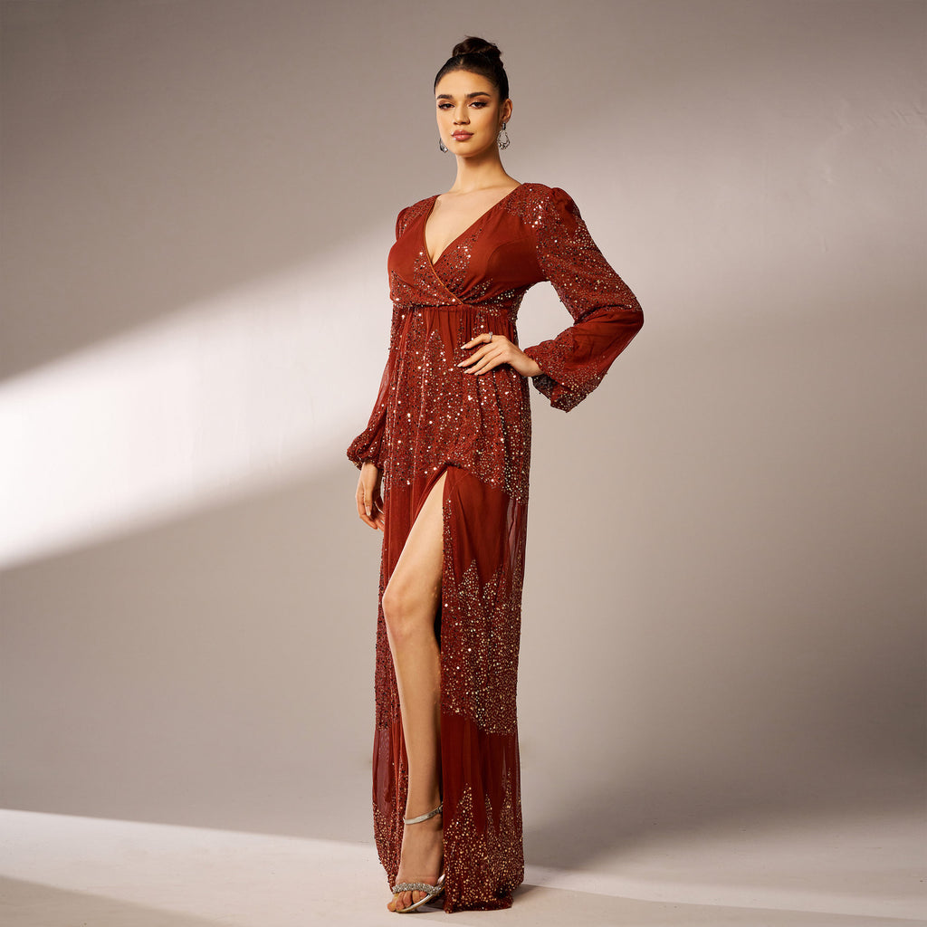 Long Sequin Dress V-Neck Long Sleeves – Sexy Elegant Evening