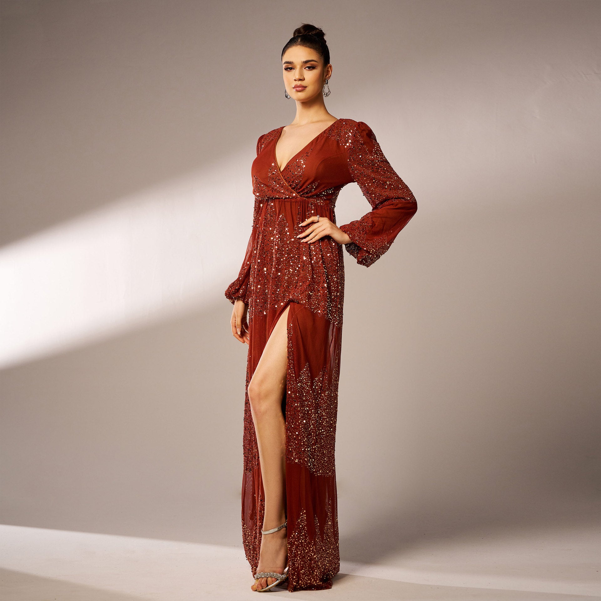 Long Sequin Dress V-Neck Long Sleeves – Sexy Elegant Evening