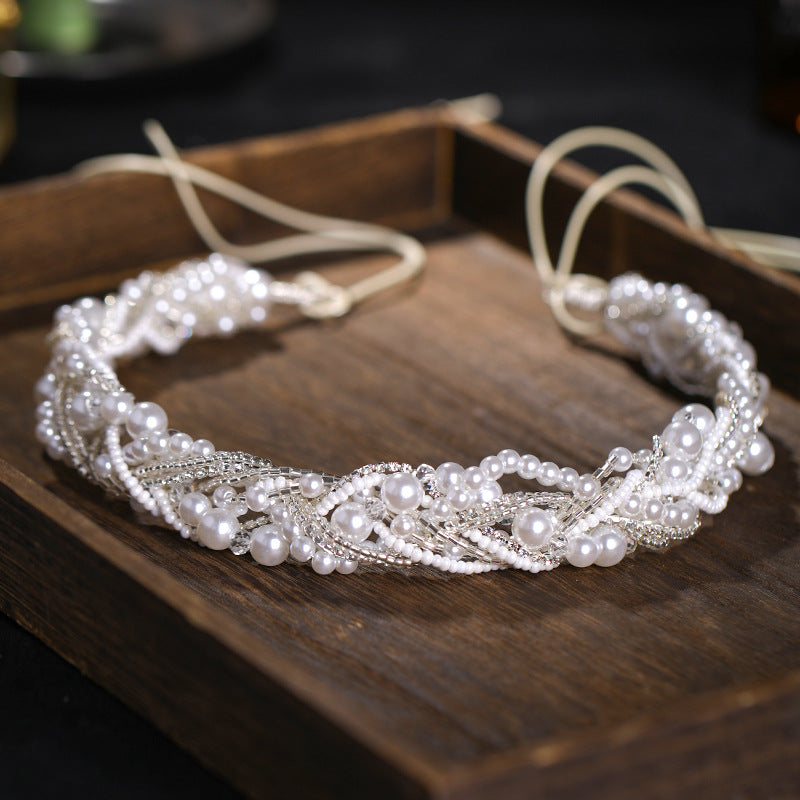 ACCESSOIRE TÊTE MARIÉE – HEADBAND FAIT MAIN COURONNE PERLES STRASS BLANC