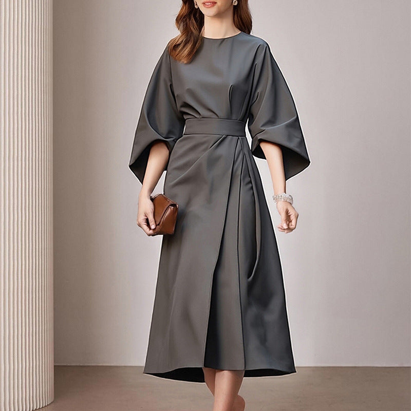 Robe unie lacets col rond, mode casual commuting femme