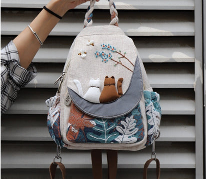 Sac cabas chat 3D parent-enfant toile – style chinois artistique écru
